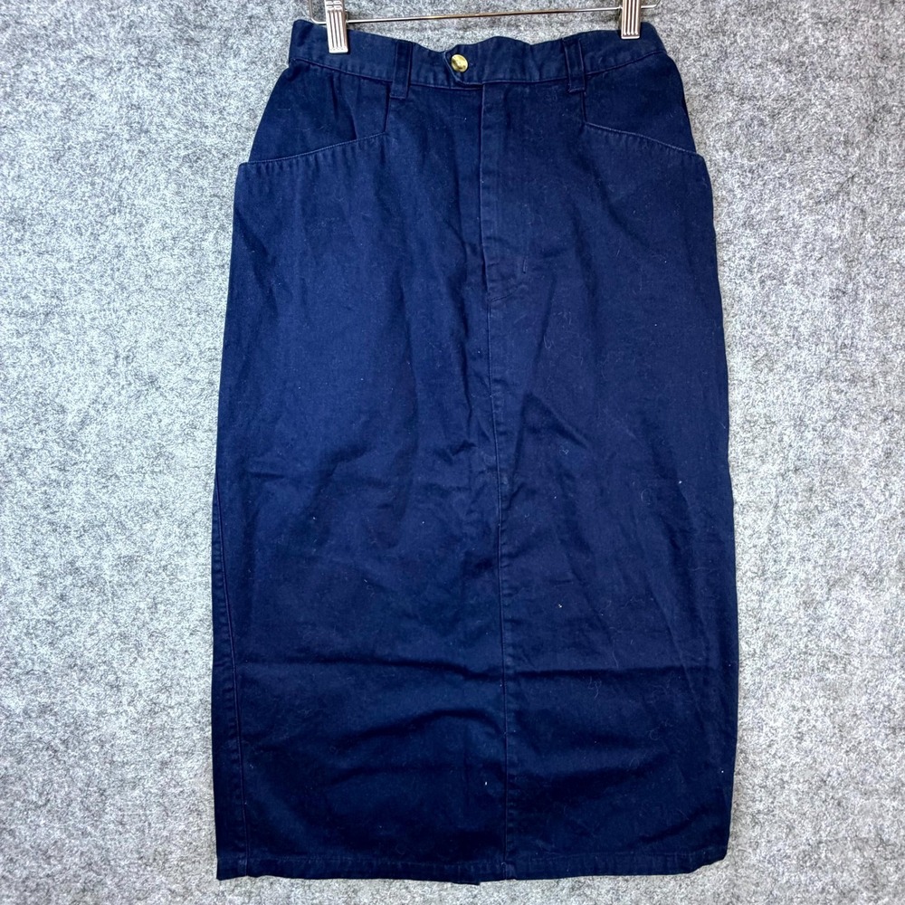 Vintage Averroe Pencil Skirt Womens 8 Navy Blue Pleated Retro Office 90s Pockets